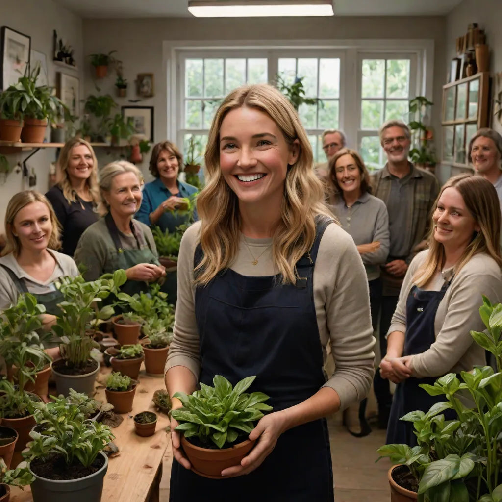 a woman holding a potted plant in a kitchen with a group of people behind her smiling at the camera, private press, a stock photo, Beatrice Huntington, promotional image
