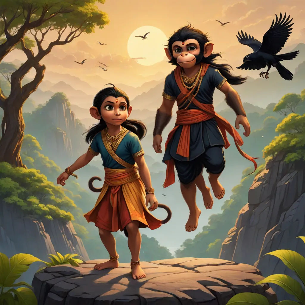 a painting of two monkeys and a girl in a jungle setting with a bird flying above them and a bird flying above them, bengal school of art, an oil painting, Anthony Devas, promotional image