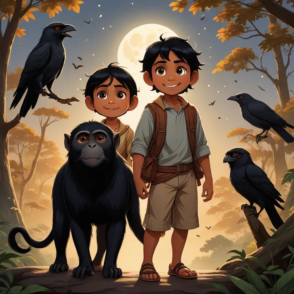 a boy and a boy standing in front of a forest with a monkey and a monkey on it's back, primitivism, concept art, Diego Gisbert Llorens, official art