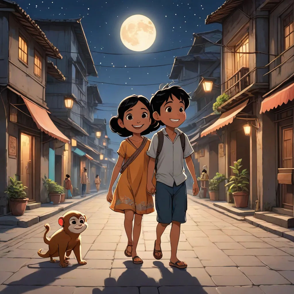 a couple of people walking down a street next to a dog and a cat on a leash in front of a full moon, magical realism, poster art, Basuki Abdullah, official art