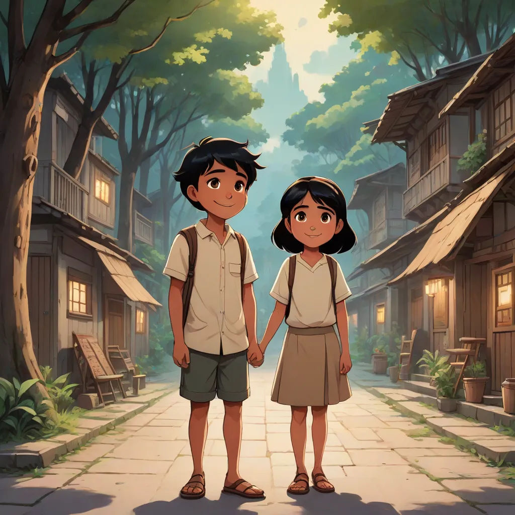 a boy and a girl standing in front of a village with a tree and a building on the other side, lyco art, a detailed matte painting, Cliff Childs, official art
