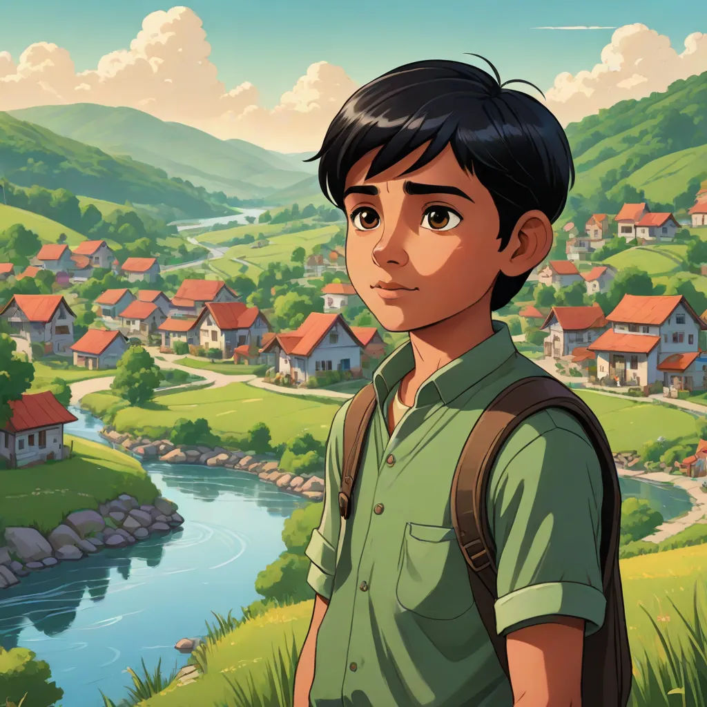 a boy standing in front of a village with a river and mountains in the background, with a village in the foreground, american scene painting, a storybook illustration, Aaron Jasinski, promotional image
