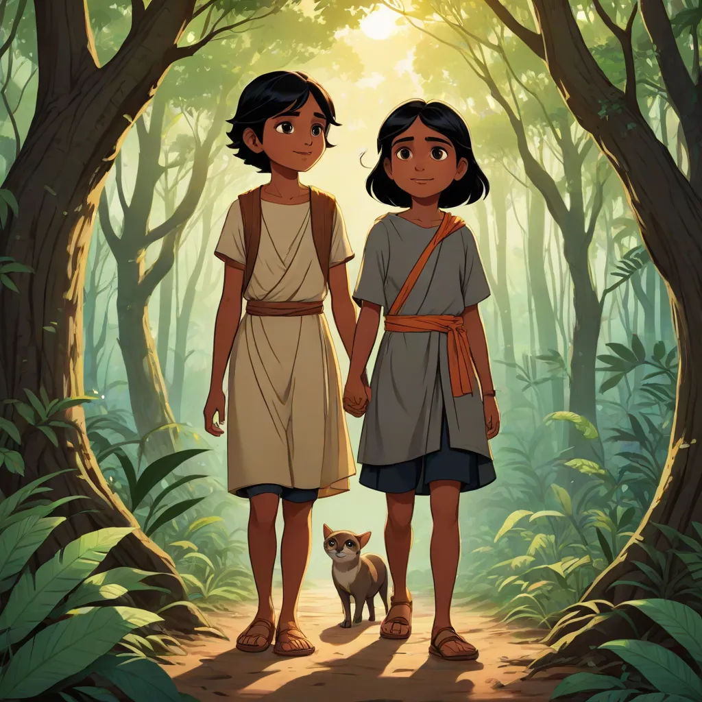 two children standing in a forest holding hands and a dog standing in the foreground of the picture, with a forest background, hurufiyya, a poster, Ella Guru, official art