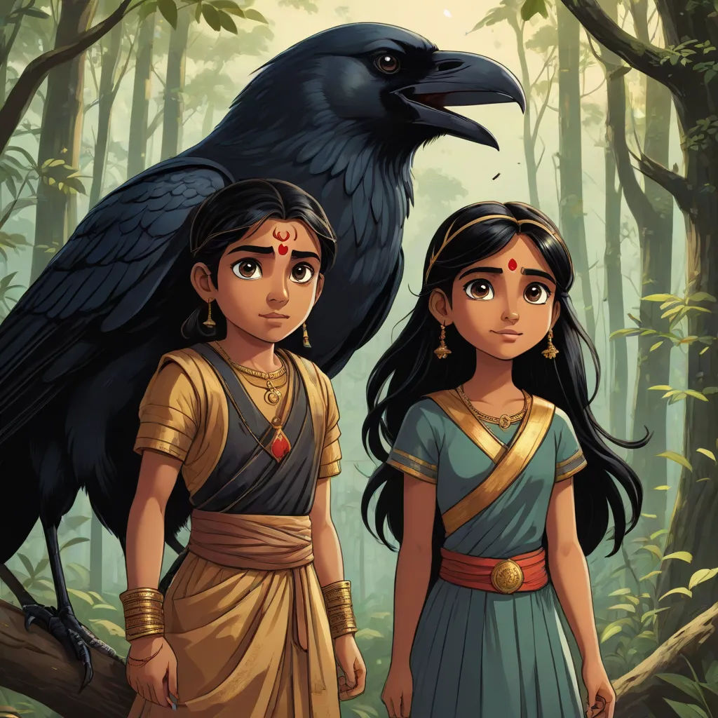 a couple of people standing in front of a bird on a tree branch in the woods with a bird on their shoulder, samikshavad, a storybook illustration, Ella Guru, promotional image