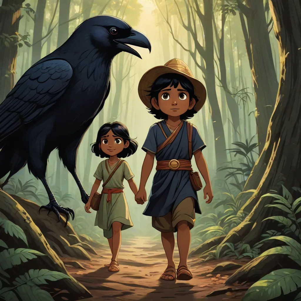 a boy and a girl are walking in the woods with a bird on their shoulder and a raven on their shoulder, samikshavad, poster art, Cliff Childs, promotional image