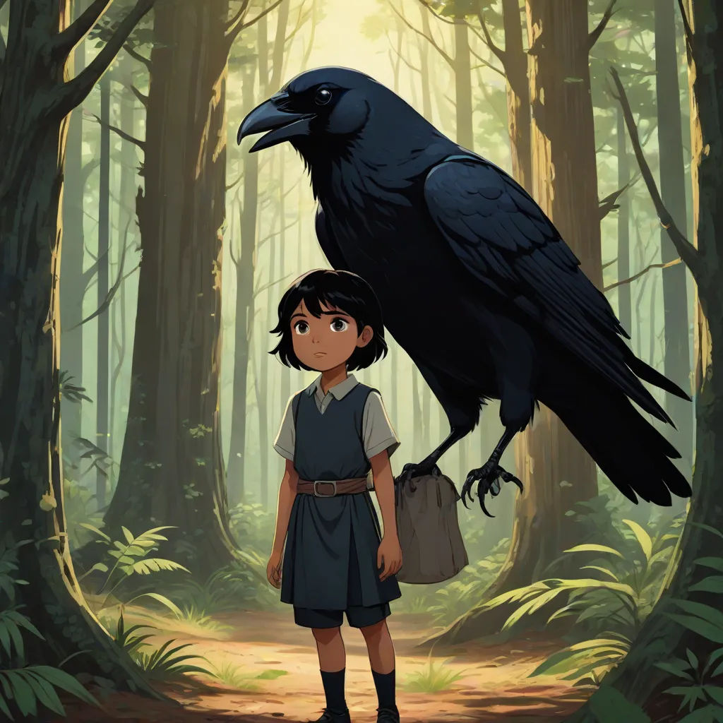a girl standing in a forest with a large black bird on her shoulder and a bag in her hand, bengal school of art, poster art, Diego Gisbert Llorens, promotional image