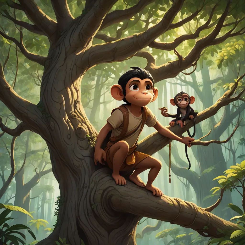 a monkey and a monkey sitting on a tree branch in a forest with a monkey on the branch and another monkey on the branch, fantasy art, a storybook illustration, Chris LaBrooy, rossdraws global illumination