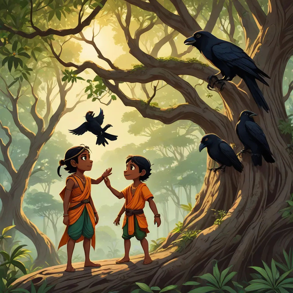 two children standing in front of a tree with birds on it and a crow flying above them in the background, samikshavad, a storybook illustration, Cliff Childs, promotional image