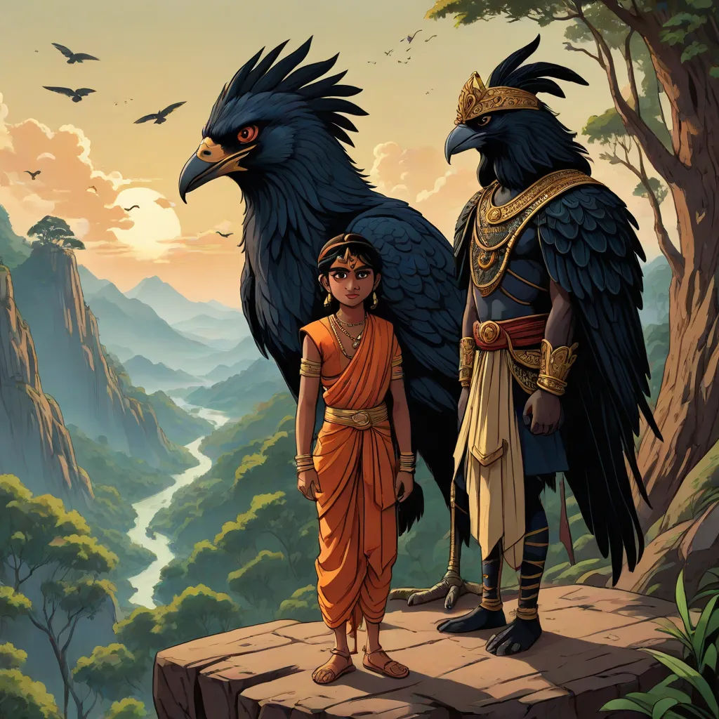 a boy and a woman standing on a cliff with a bird on their head and a bird on their shoulder, samikshavad, a storybook illustration, Ella Guru, promotional image