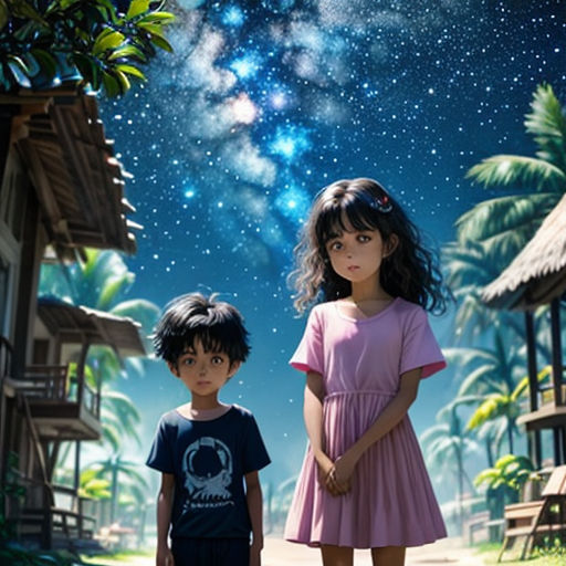 a couple of kids standing next to each other on a road under a sky filled with stars and a star filled sky