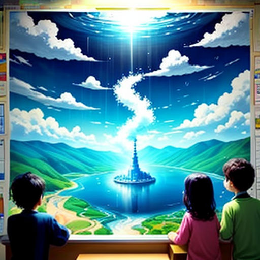 two children looking at a painting of a ship in the sky with a bright light coming from behind them