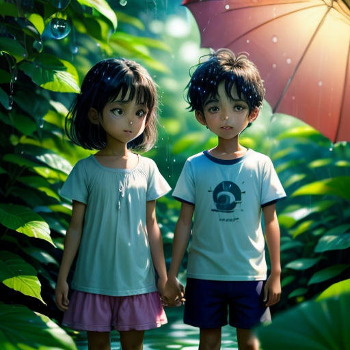 two children standing in the rain with an umbrella in the background of a jungle scene with leaves and water