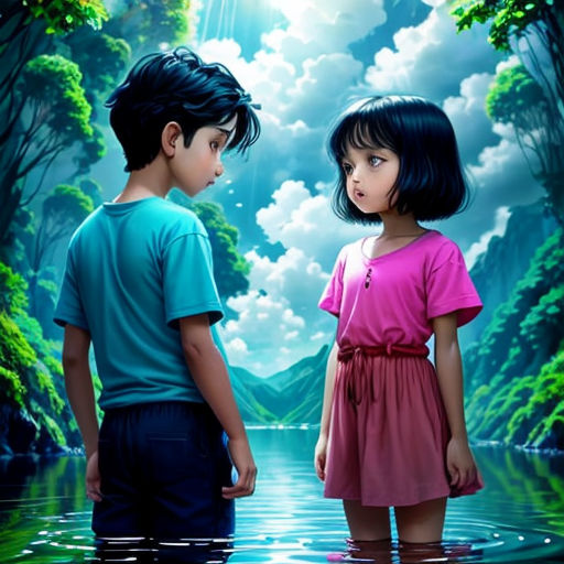 a painting of two children standing in a river looking at the sky and clouds above them, with a waterfall in the background