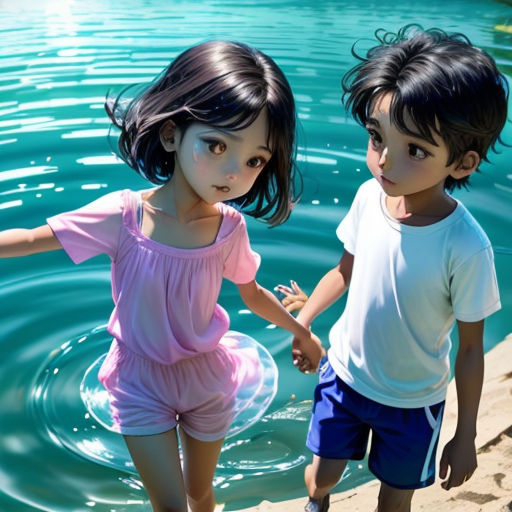 two children are walking in the water holding hands and holding hands with each other, while holding hands with each other