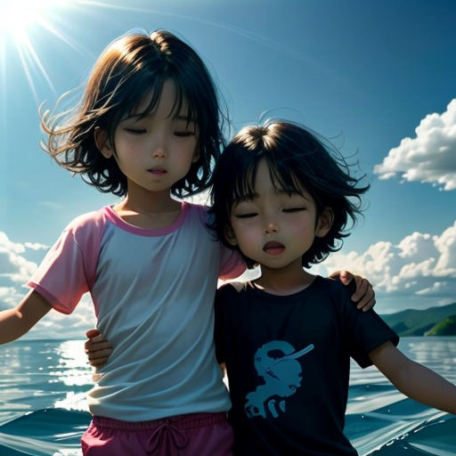 two children standing on a boat in the water with their arms around each other and looking at the camera