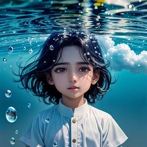 a young girl is under water with bubbles in her hair and a boat in the background, with a blue sky and clouds