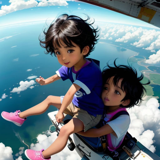 two children are flying in the sky above the clouds and water, with a view of the earth from a plane