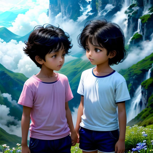 two children standing in front of a painting of a waterfall and mountains with clouds and flowers on the ground