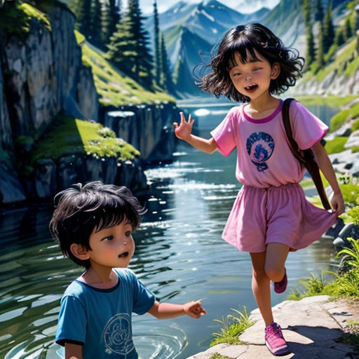 two children are playing near a body of water in the mountains and trees, one is holding a backpack and the other is walking