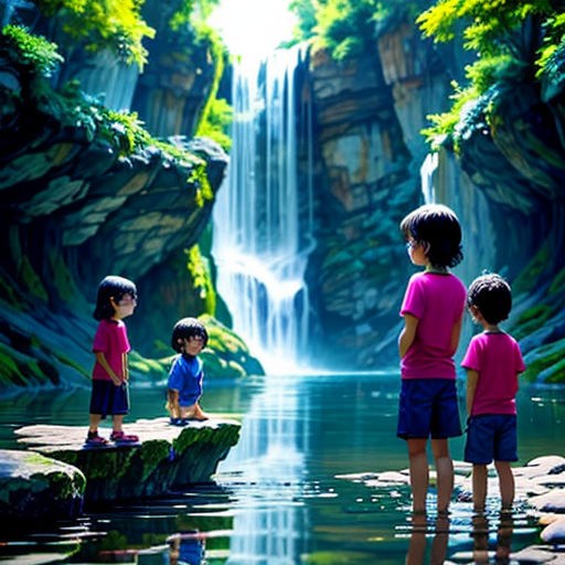 a group of children standing on a rock in front of a waterfall with a waterfall in the background and a waterfall in the middle