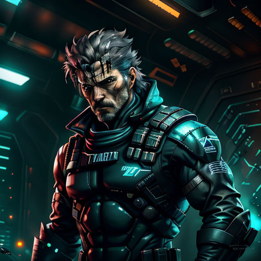 a man in a futuristic suit standing in a dark room with a futuristic background and a neon light behind him