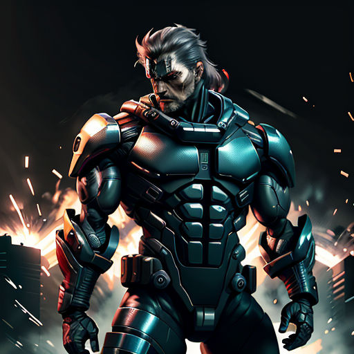 a man in a futuristic suit standing in front of a city skyline with a gun in his hand and a bullet in his hand