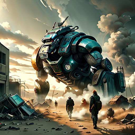 a painting of a giant robot in the middle of a city with people walking around it and a man in a suit