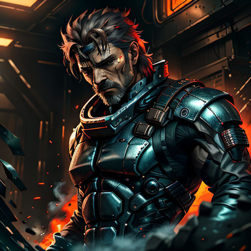 a man in a futuristic suit holding a gun in a dark room with flames and smoke coming out of his chest