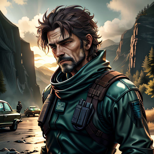 a man in a green jacket standing in front of a mountain and a car with a gun in his hand