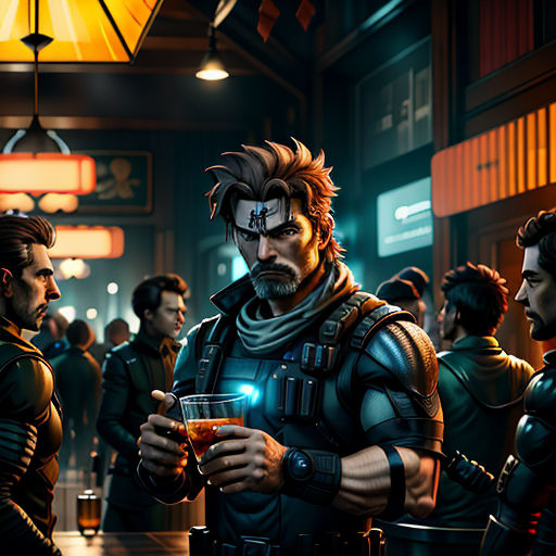 a group of people standing around a bar with a man holding a drink in his hand and a woman holding a glass