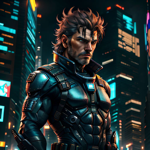 a man in a futuristic suit standing in front of a city at night with a futuristic cityscape in the background