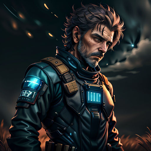 a man in a futuristic suit standing in a field of grass with a bird flying overhead in the background