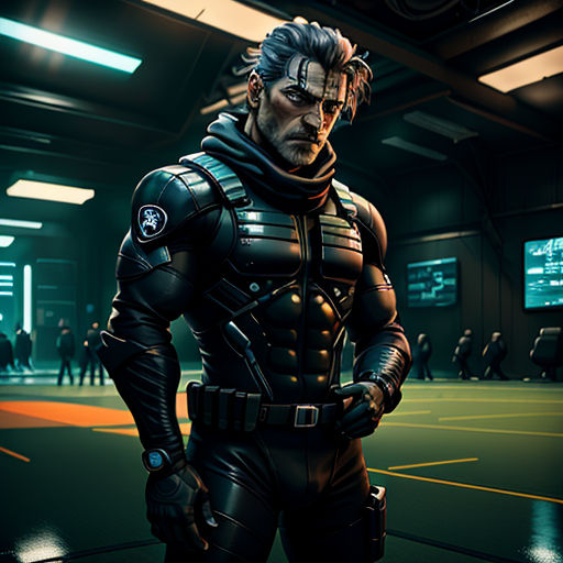 a man in a futuristic suit standing in a room with a clock on the wall and a television in the background