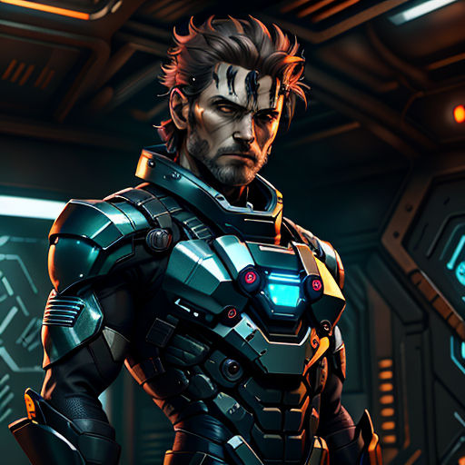 a man in a sci - fi fi suit standing in a room with a futuristic background and a large window