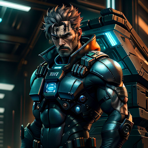 a man in a futuristic suit holding a gun in a dark room with a neon light on his face