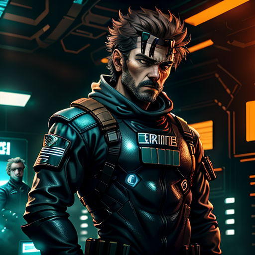 a man in a sci - fi fi outfit standing in a room with other men in the background and a neon light