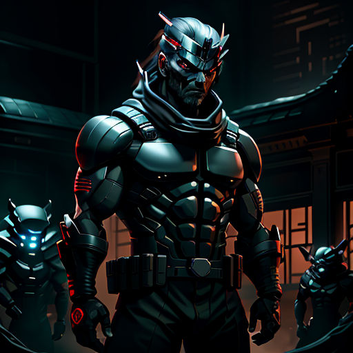 a man in a futuristic suit standing in front of a building with a robot on his chest and a helmet on