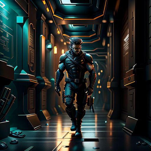 a man in a sci - fi fi suit walking down a hallway in a futuristic city with a gun in his hand