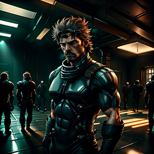 a man in a futuristic suit standing in a room with other people in the background and a man in a futuristic suit standing in the middle of the room