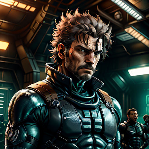 a man in a sci - fi fi suit standing in a room with other men in the background and a green light