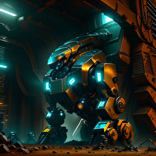 a sci - fi fi fi robot in a sci - fi environment with a large yellow robot in the foreground