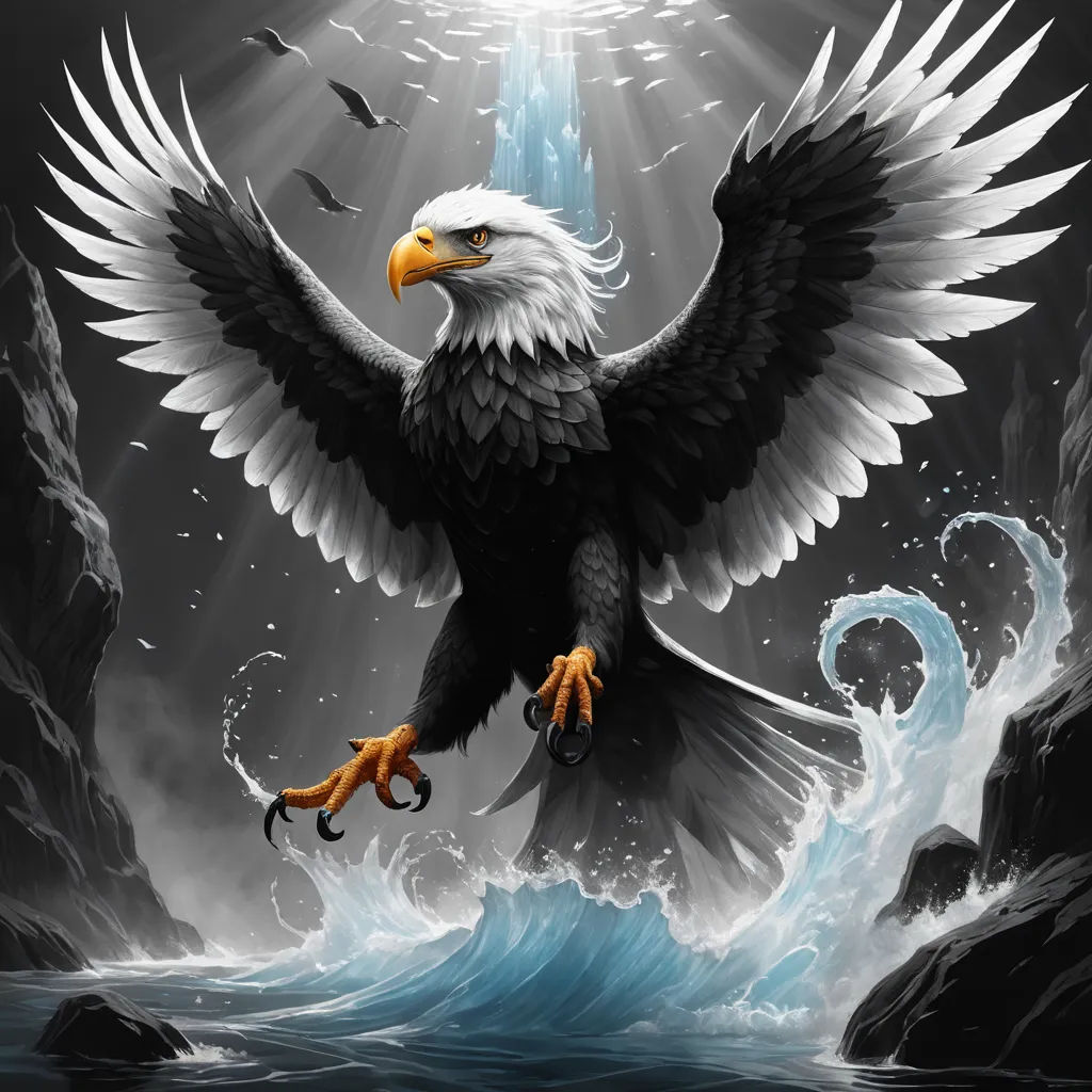 a bird with a large wing and talons on its claws, flying over a body of water with a waterfall in the background, fantasy art, a digital rendering, Anne Stokes, majestic