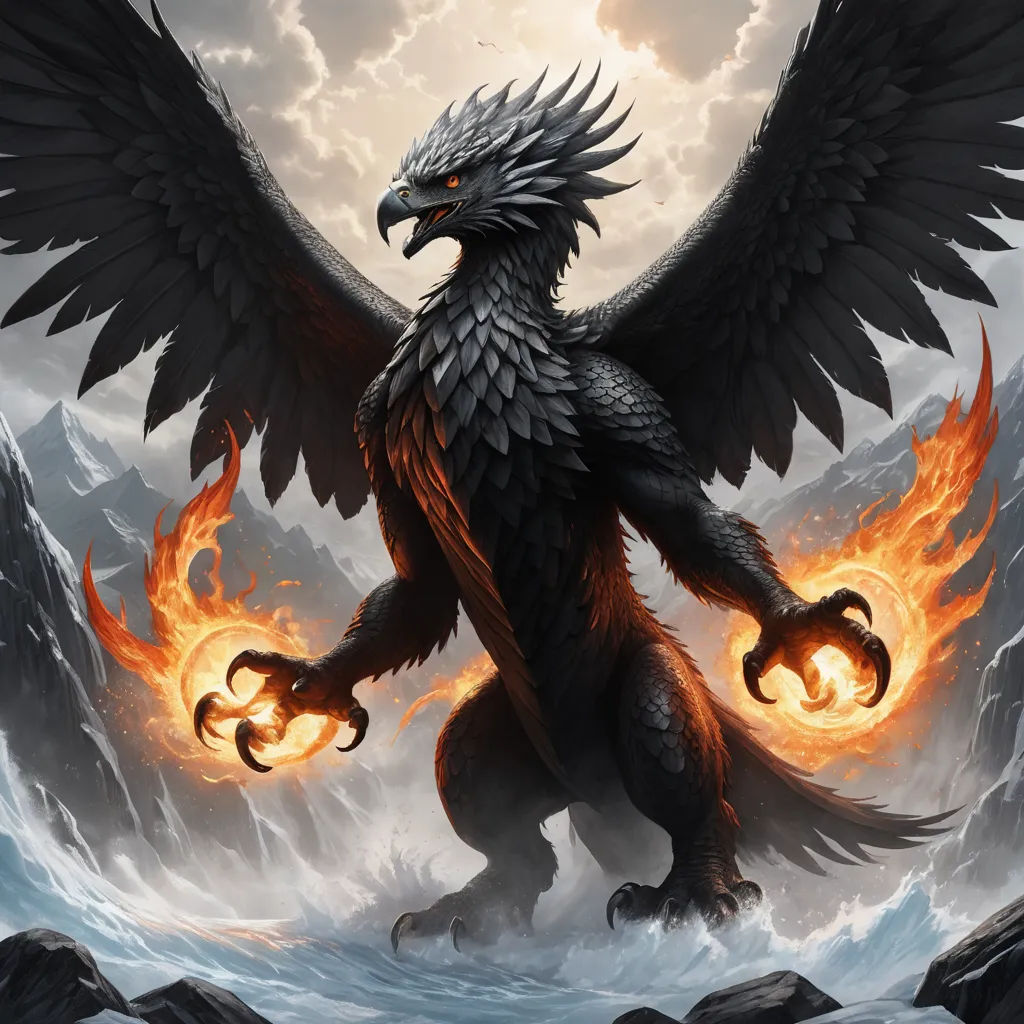 a large black bird with orange wings standing on a rock covered ground with a sky background and clouds behind it, fantasy art, concept art, Anne Stokes, magic the gathering artwork