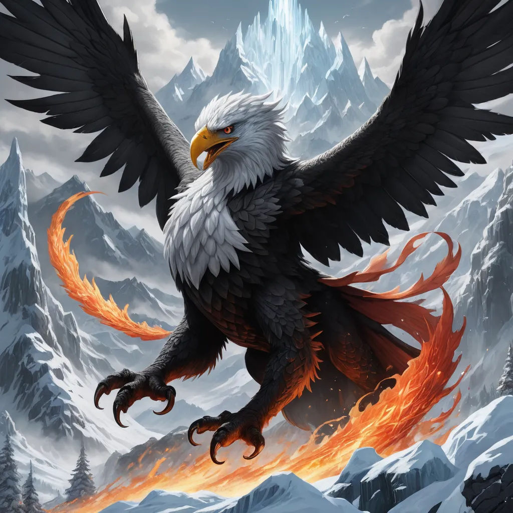 a bird with a large, black and white eagle on its back with a flame in its beak and wings, fantasy art, an airbrush painting, Anne Stokes, magic the gathering artwork