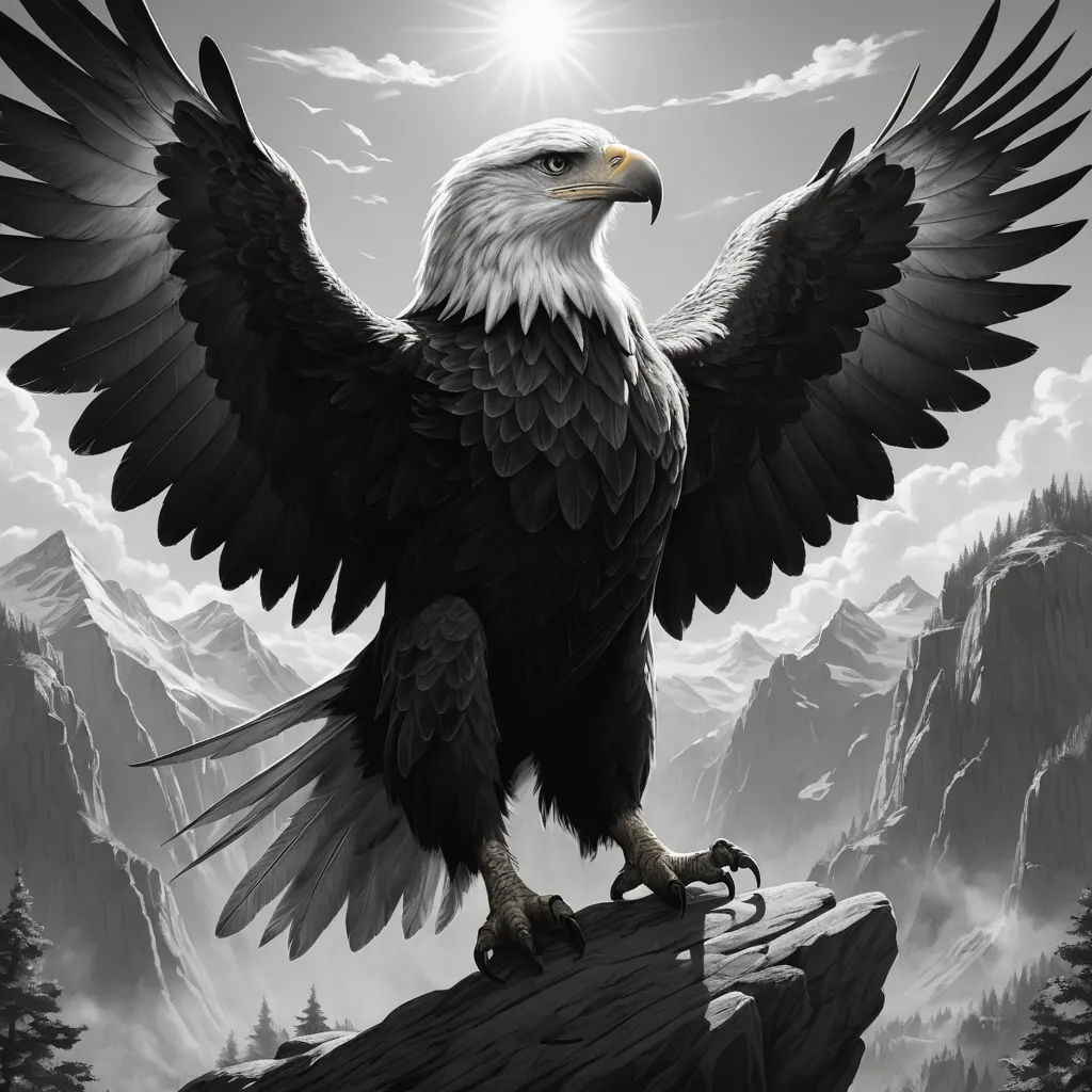 a black and white eagle standing on a rock with mountains in the background and the sun shining down on the eagle, gothic art, a raytraced image, Anne Stokes, majestic