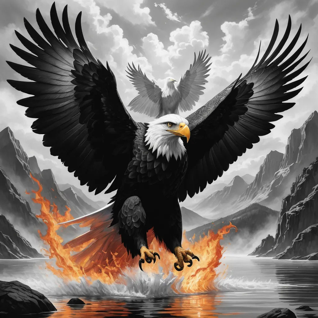 a bald eagle with a flame in its talons is flying over a body of water with mountains in the background, precisionism, an airbrush painting, Anne Stokes, majestic