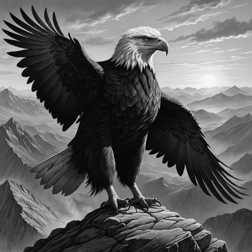 a black and white photo of a bald eagle on a rock with mountains in the background and clouds in the sky, symbolism, a charcoal drawing, Anne Stokes, majestic