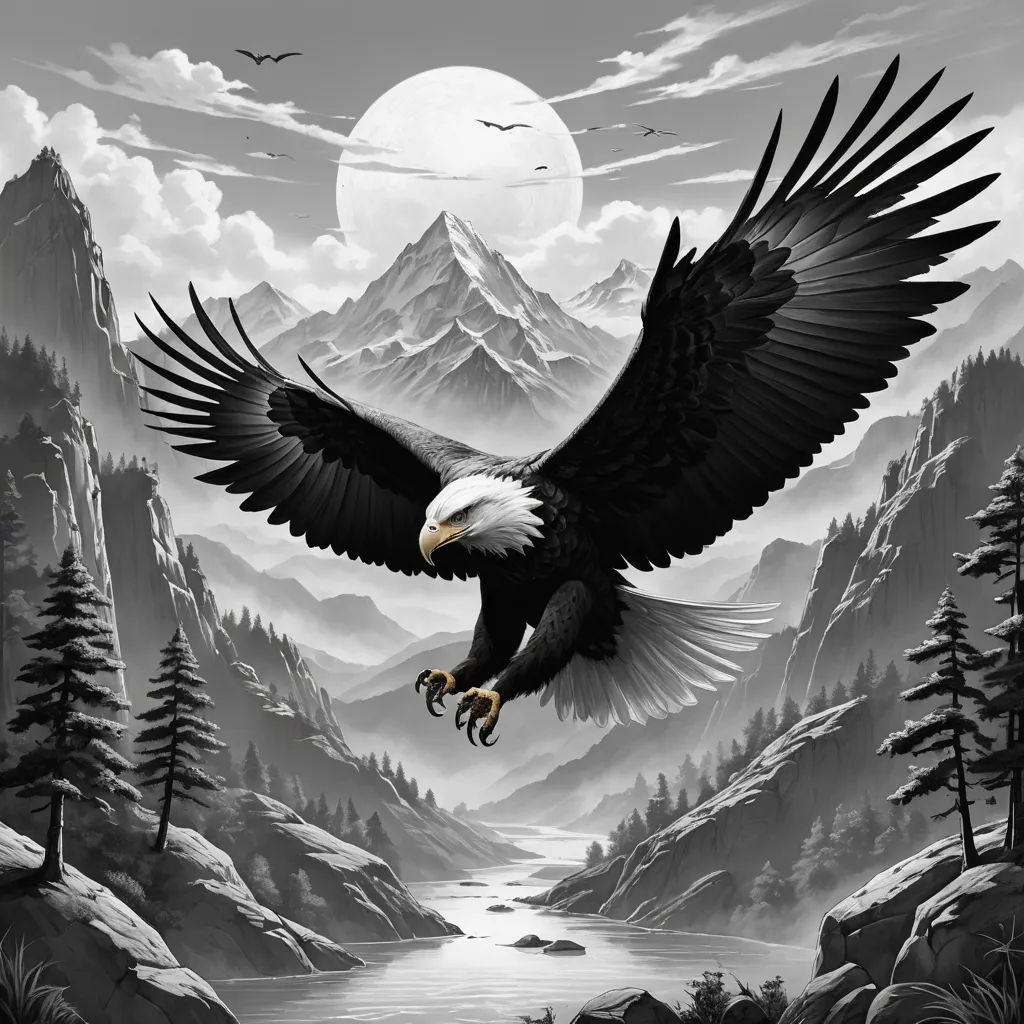 a black and white eagle flying over a mountain range with a lake below it and a bird flying over it, gothic art, a detailed matte painting, Anne Stokes, highly detailed digital painting