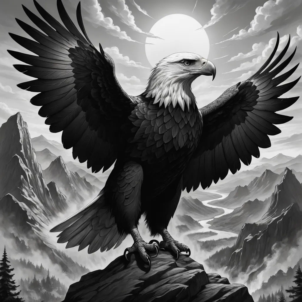 a black and white eagle sitting on top of a mountain with mountains in the background and a sun in the sky, symbolism, a charcoal drawing, Anne Stokes, highly detailed digital art