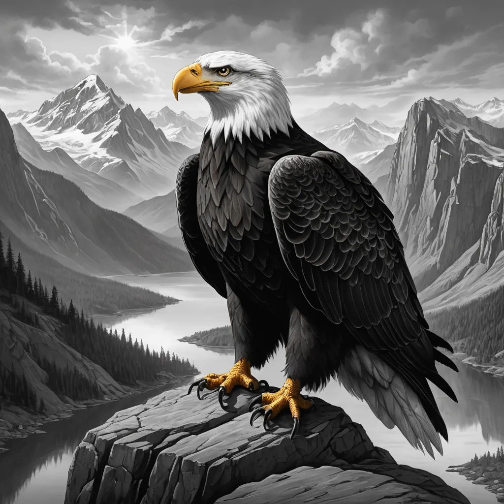 a black and white photo of a bald eagle on a rock with mountains in the background and a lake in the foreground, symbolism, an airbrush painting, Anne Stokes, majestic